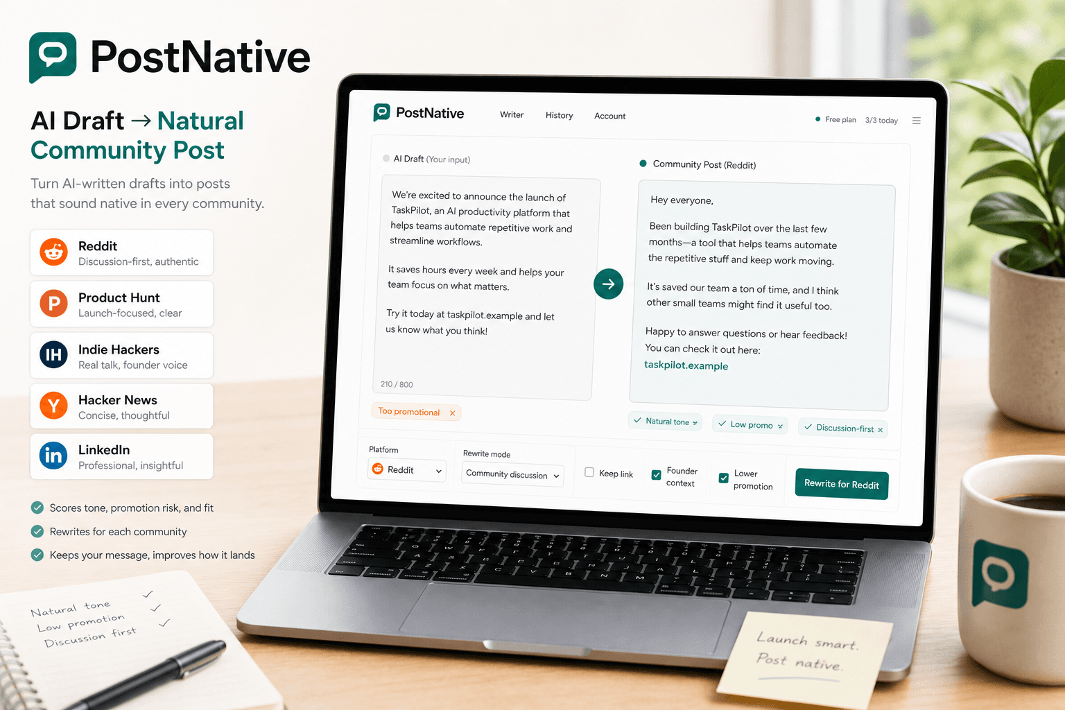 PostNative product preview showing an AI draft rewritten into a community-friendly post
